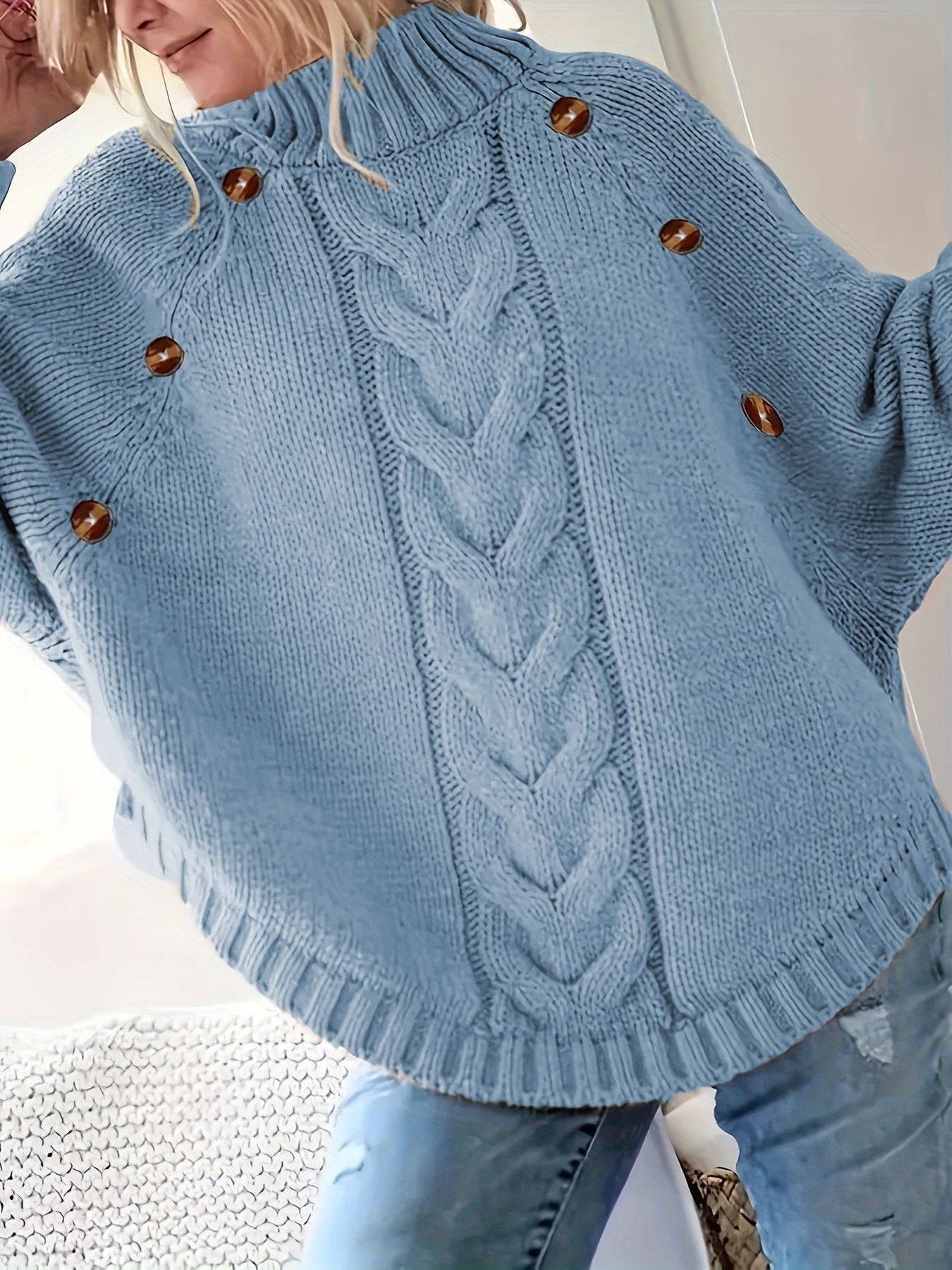 Damen Oversized Strickpullover mit Hochkragen und dekorativen Knopfdetails Krohn-e