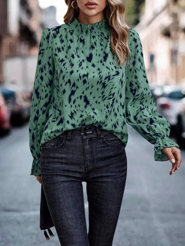 Damen elegantes Blusenshirt mit Rüschenkragen und tierischem Muster Krohn-e