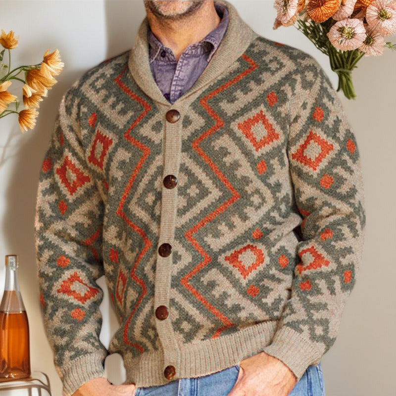 Herren Strickjacke mit traditionellem geometrischen Muster und warmem Schalkragen Krohn-e