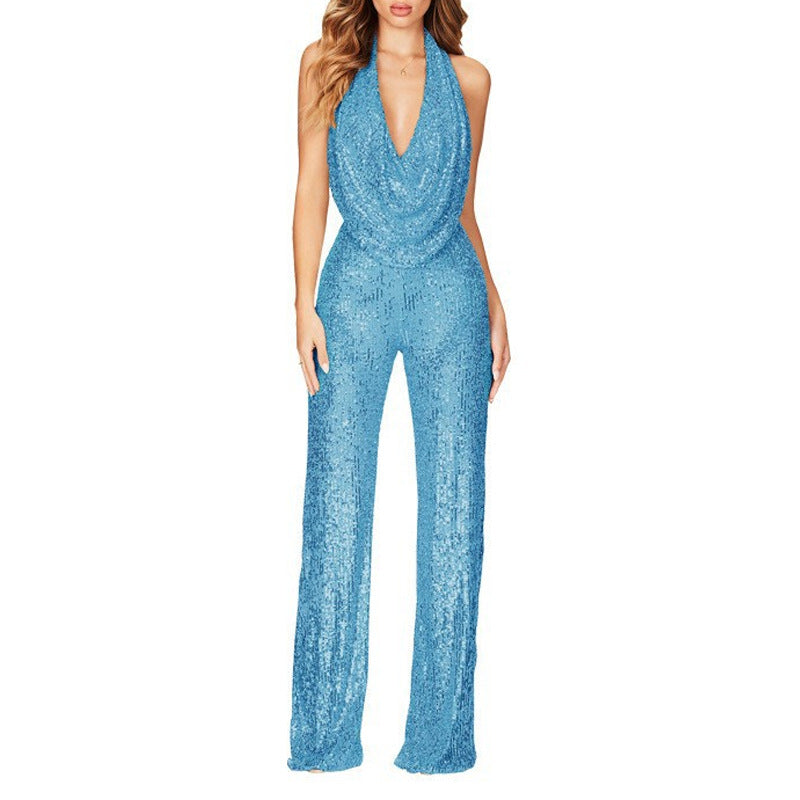 Damen Glitzerndes Jumpsuit mit tiefem V-Ausschnitt und weitem Bein Krohn-e