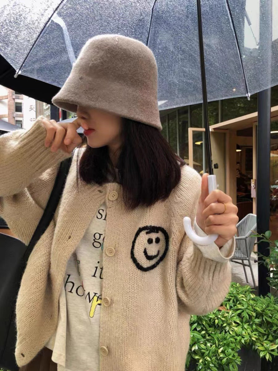 Damen gemütlicher Strickcardigan mit verspieltem Smiley-Motiv Krohn-e