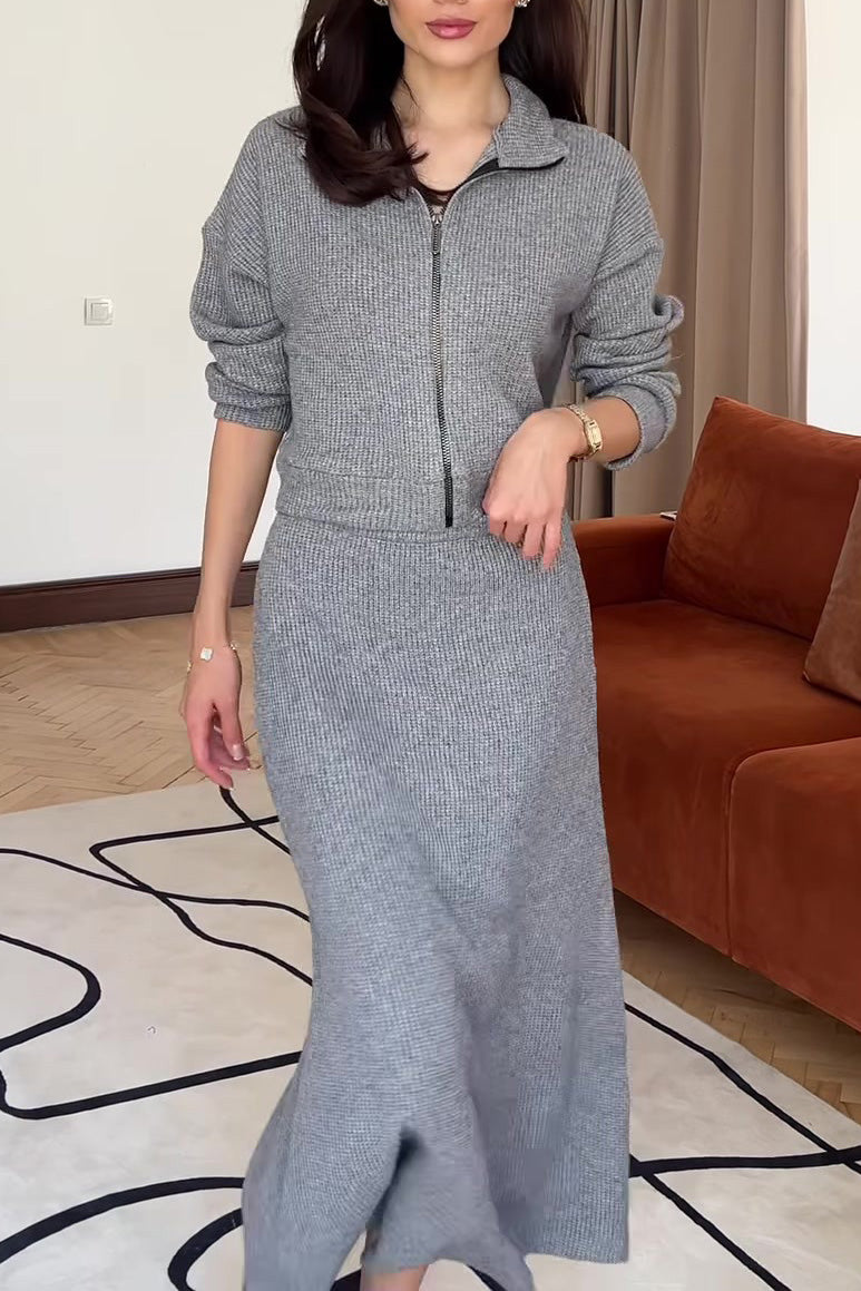 Krohn-e | Strickkragen Reißverschluss Top und Maxiröcke Zweiteiler Satz