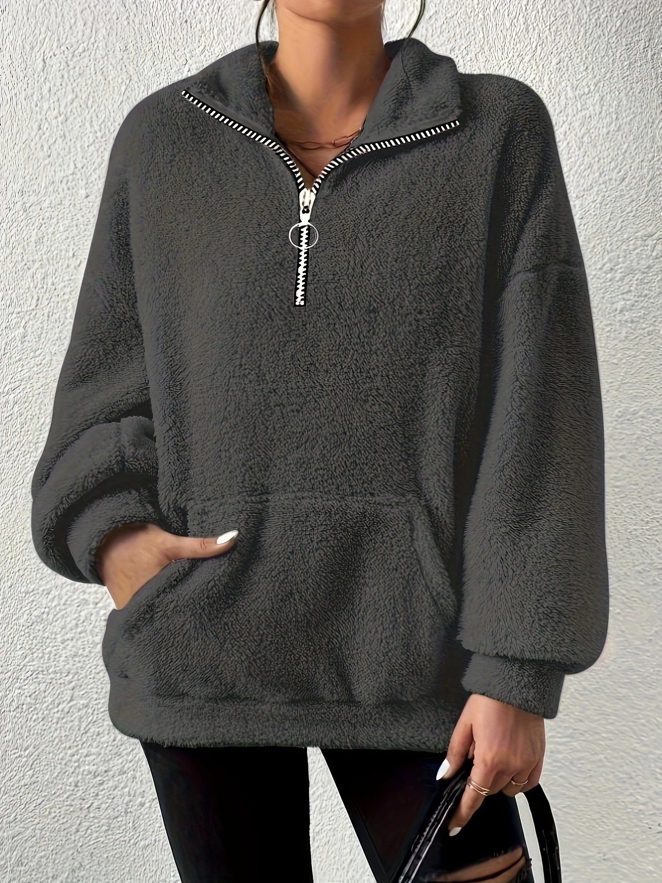Damen kuscheliger Fleece-Pullover mit halbem Reißverschluss und Seitentaschen Krohn-e