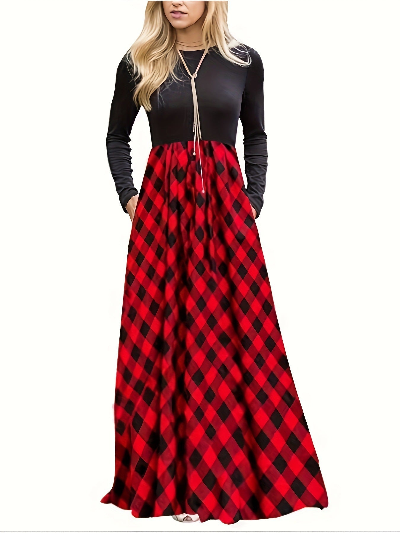 Damen Maxikleid mit modernem Karomuster und langen Ärmeln Krohn-e