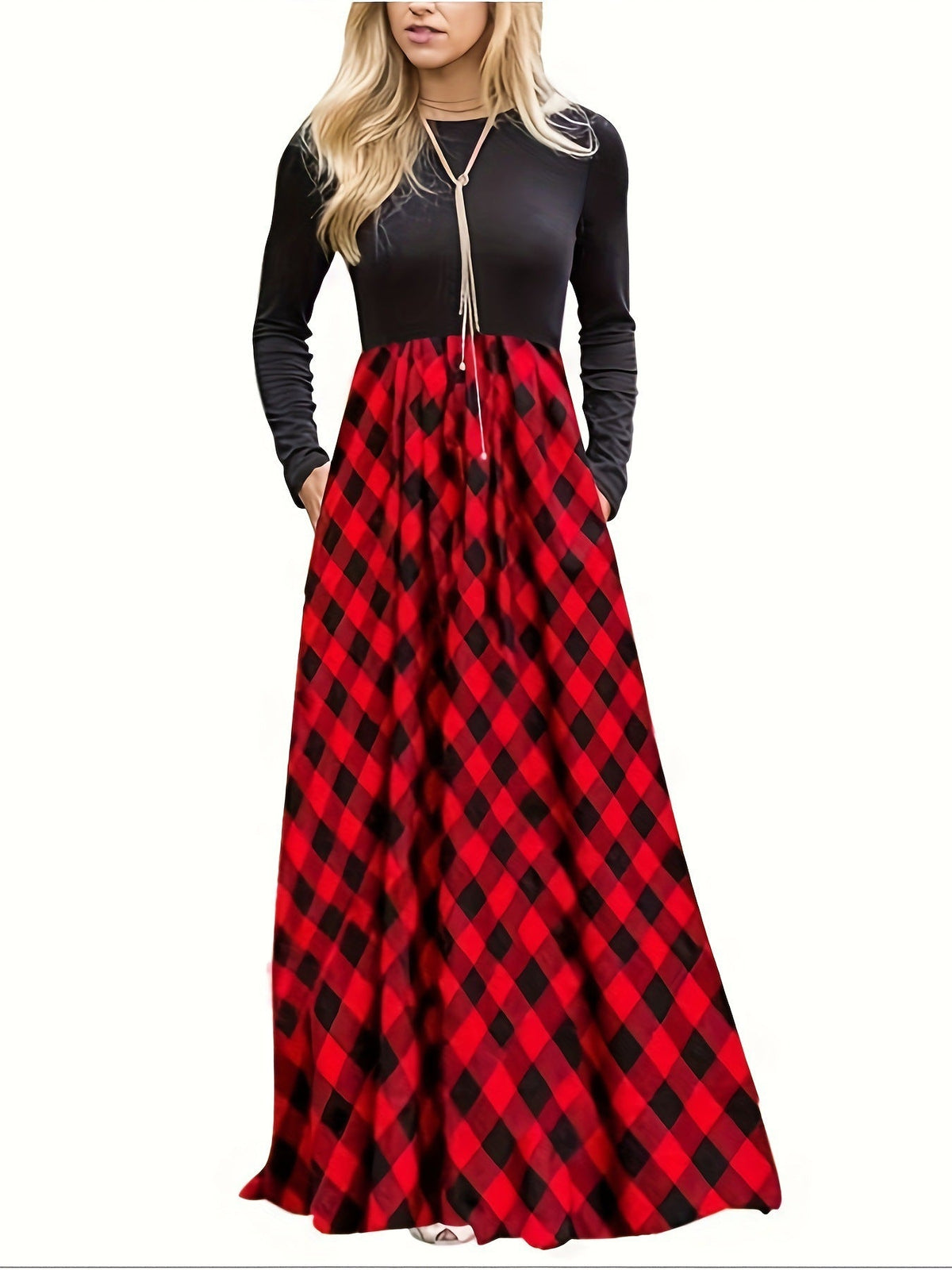 Damen Maxikleid mit modernem Karomuster und langen Ärmeln Krohn-e
