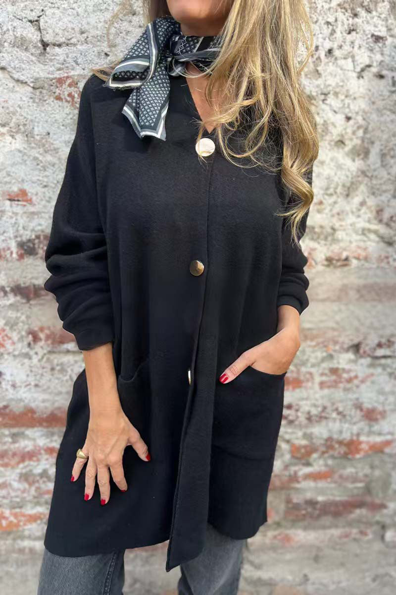 Krohn-e | Lange Unifarbene Einreihige V-Ausschnitt Strickjacke Jacke