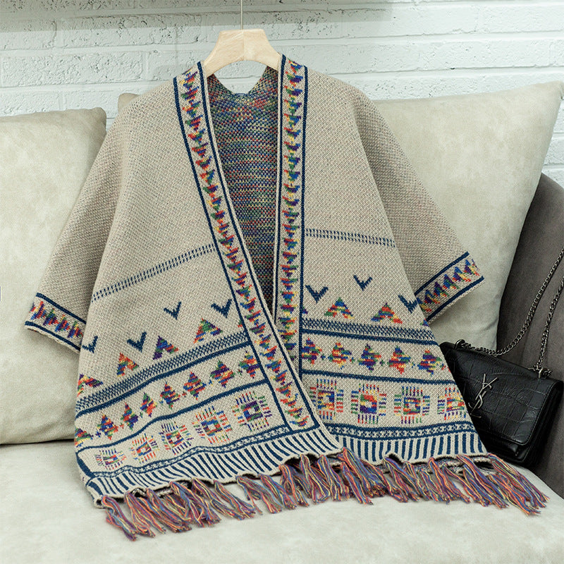 Damen stilvolle Poncho mit buntem Ethnomuster Krohn-e