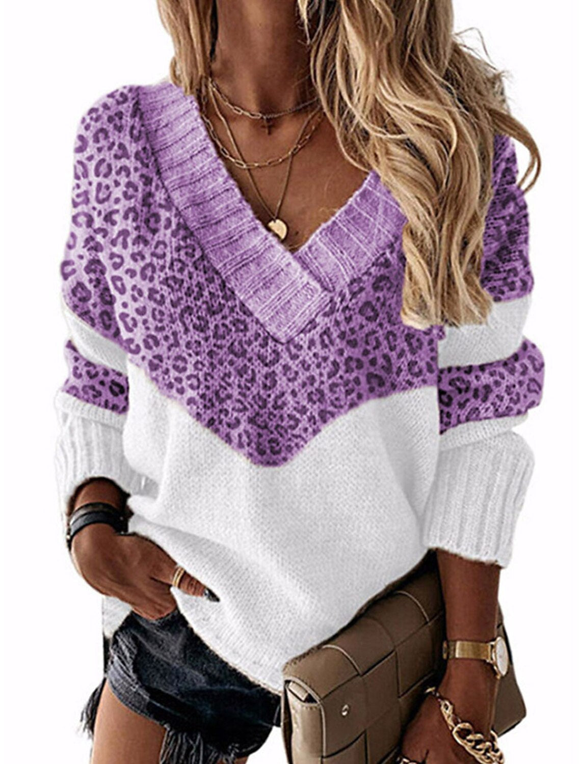 Damen modischer V-Ausschnitt Pullover mit Leopardenmuster Krohn-e