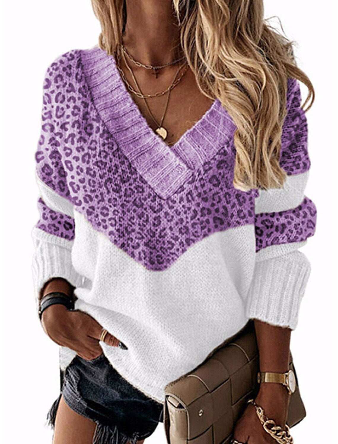 Damen modischer V-Ausschnitt Pullover mit Leopardenmuster Krohn-e