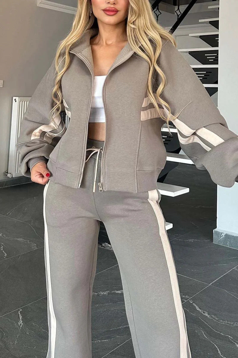 Krohn-e | Gestreifte Zip up Cropped Sweatshirtjacke und Sporthose Zwei Teile Satz