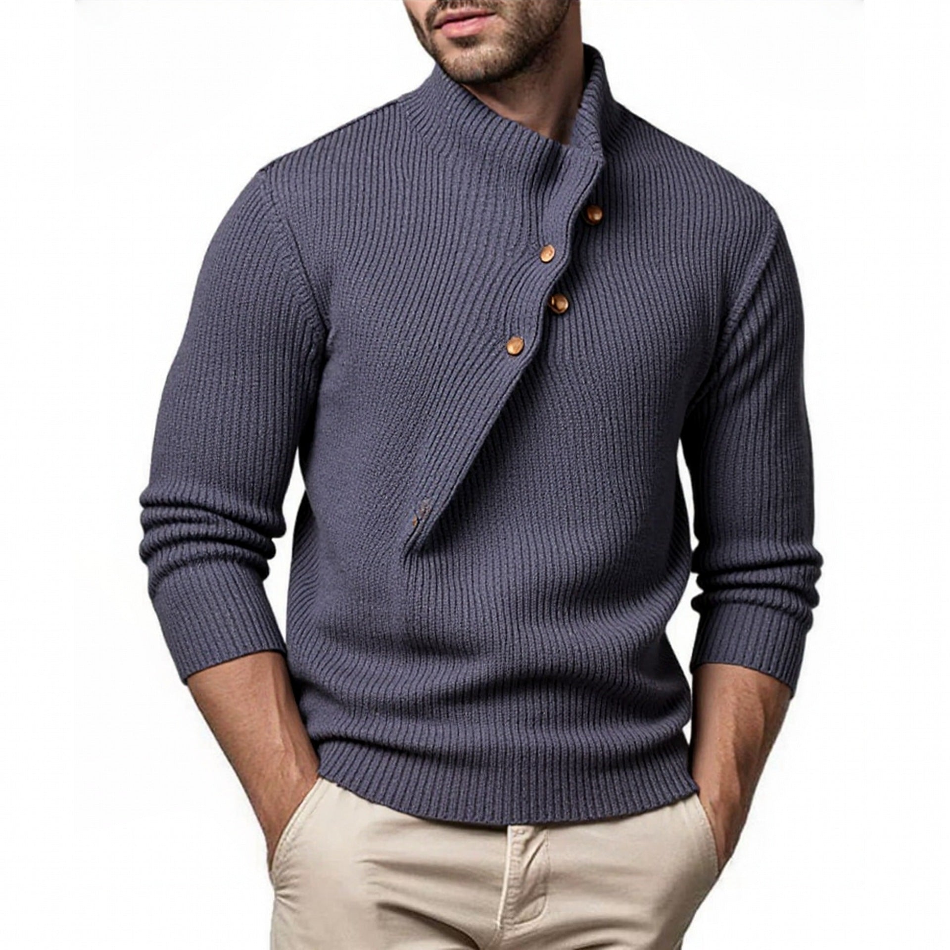 Herren modischer Strickpullover mit Stehkragen und asymmetrischer Knopfleiste Krohn-e