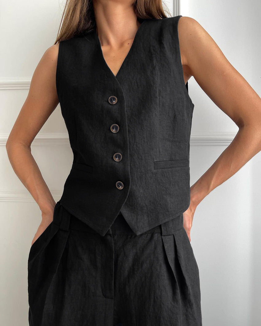 Krohn-e | Baumwoll und Leinen V-Ausschnitt Westen Satz mit Langen Hosen