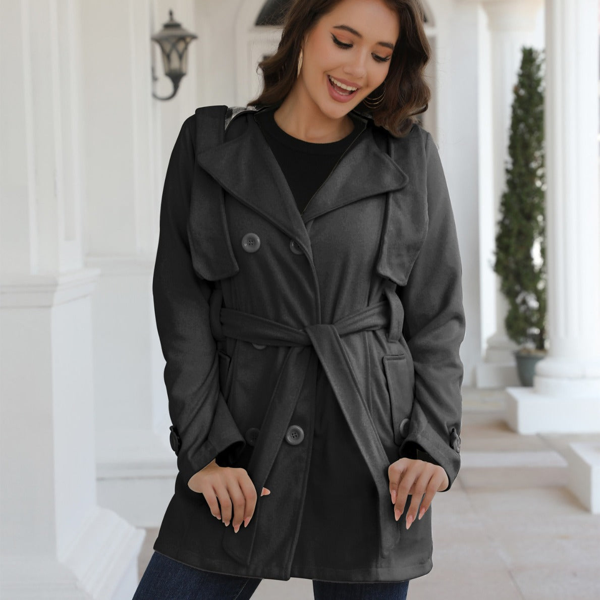 Damen eleganter Trenchcoat mit Gürtel und doppelt geknöpften Details Krohn-e