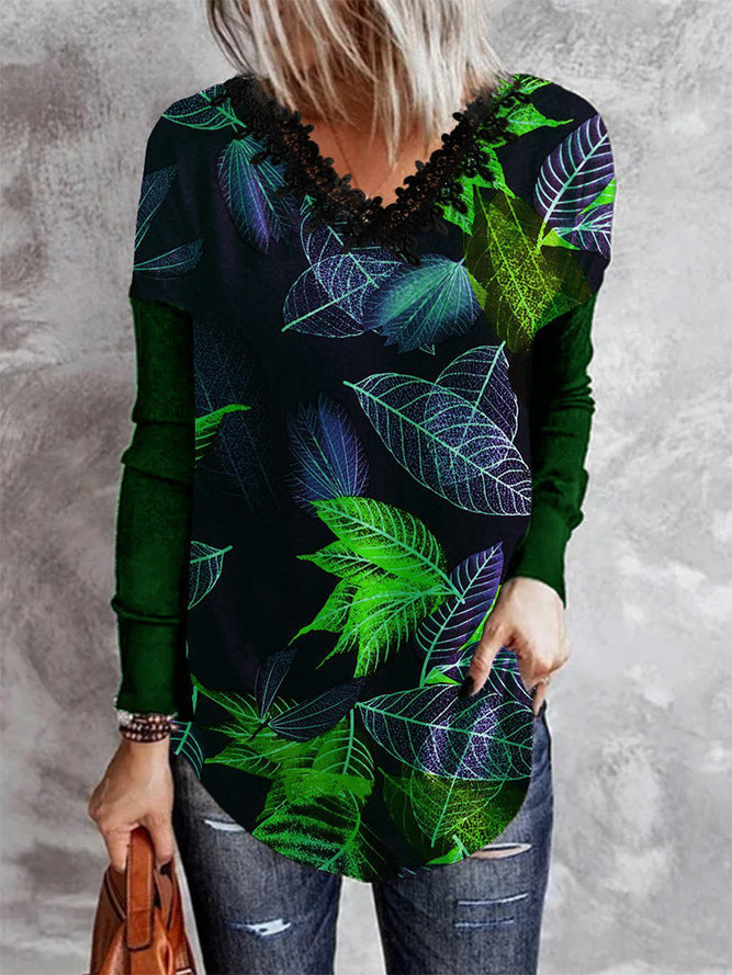 Elegantes V-Ausschnitt Langarm Raglan T-Shirt aus Spitze von Fudus