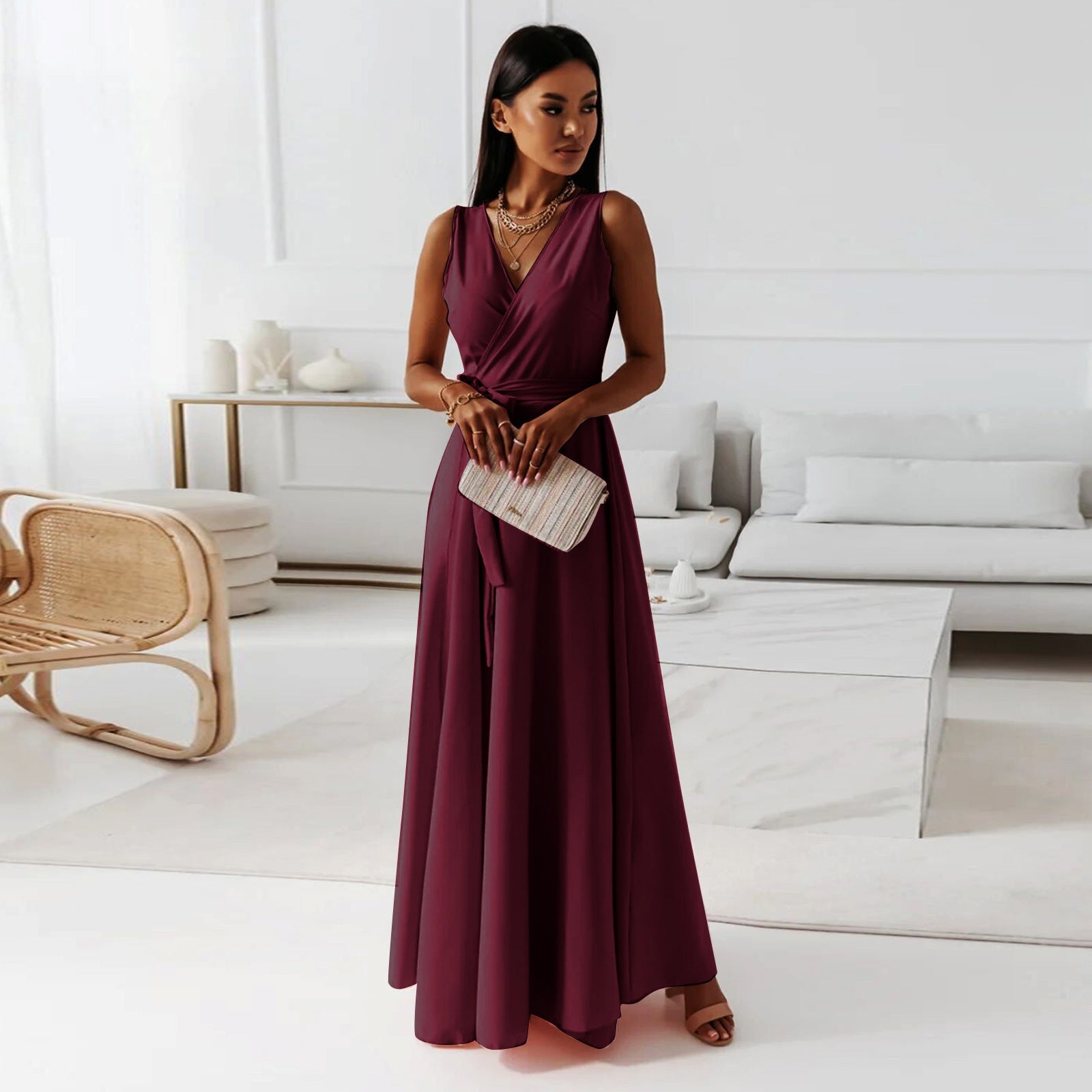 Krohn-e | Damen Einfarbig V-Ausschnitt Langes Kleid