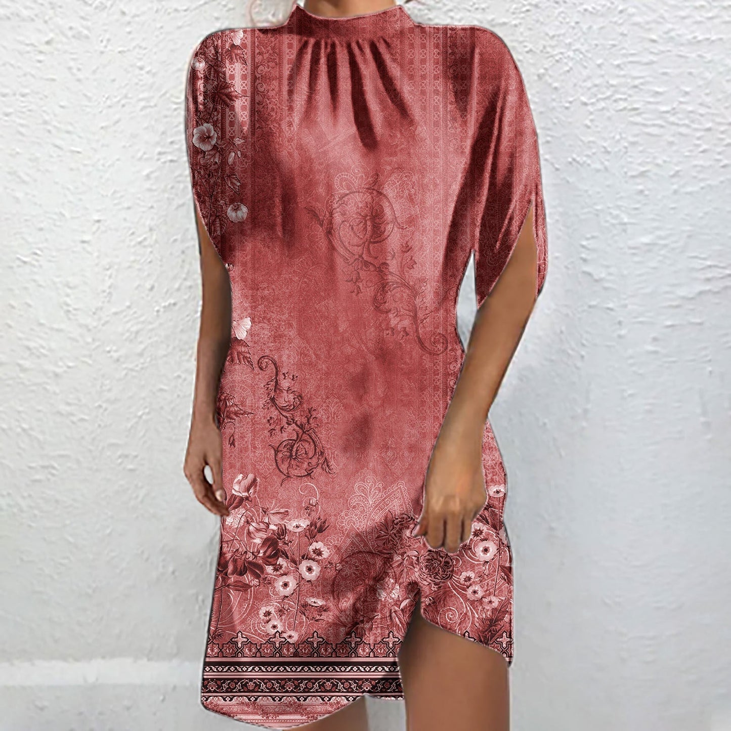 Schicke bedruckte Kurzarm-Batwing-Bluse mit Stehkragen von Fudus