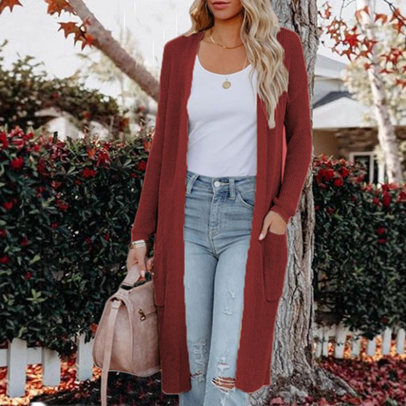 Damen langer Strickcardigan mit offenen Taschen und feinem Rippdesign Krohn-e