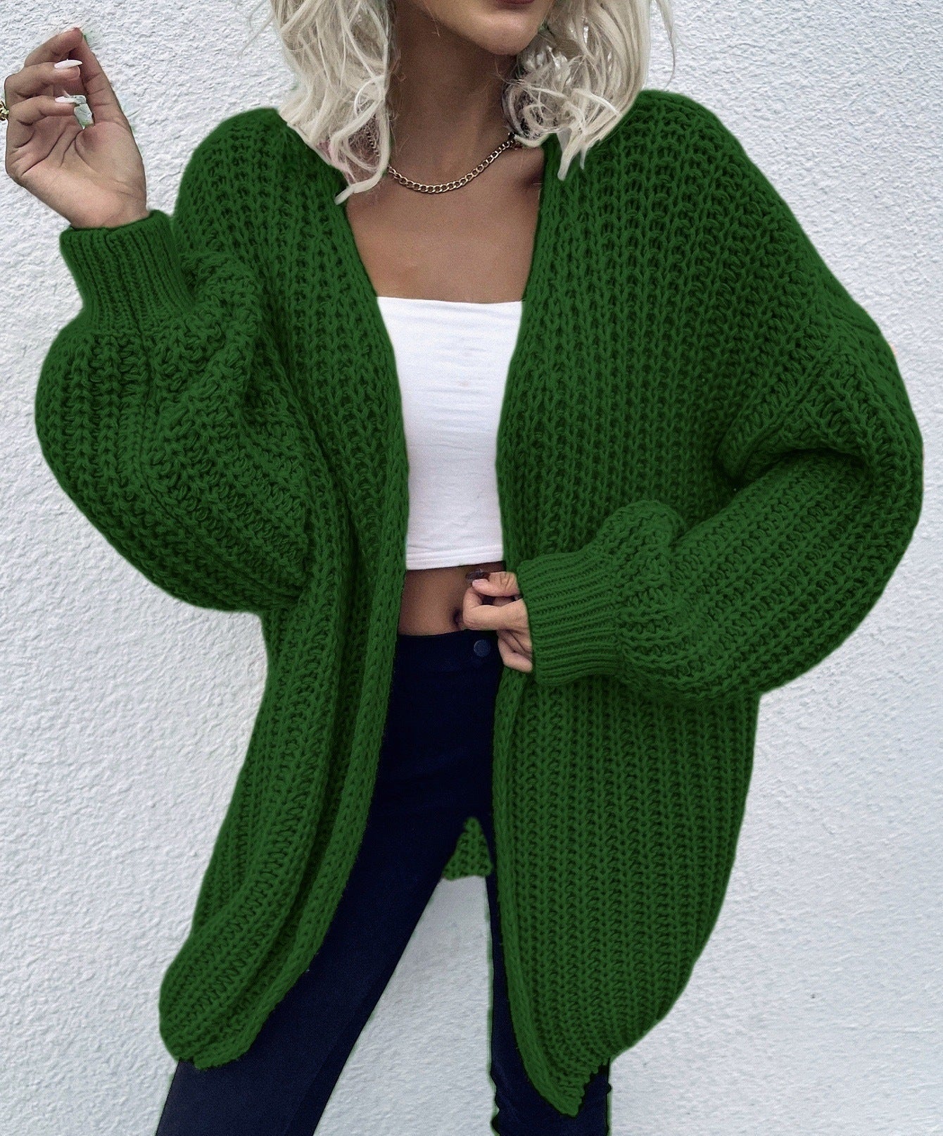 Damen lässiger Grobstrick-Cardigan mit tiefen Taschen und voluminösen Ärmeln Krohn-e