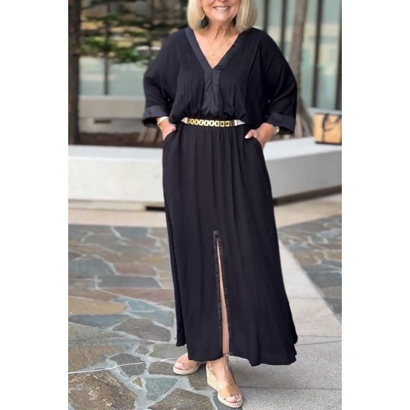 Fudus lässiges Kleid mit V-Ausschnitt und Schlitz