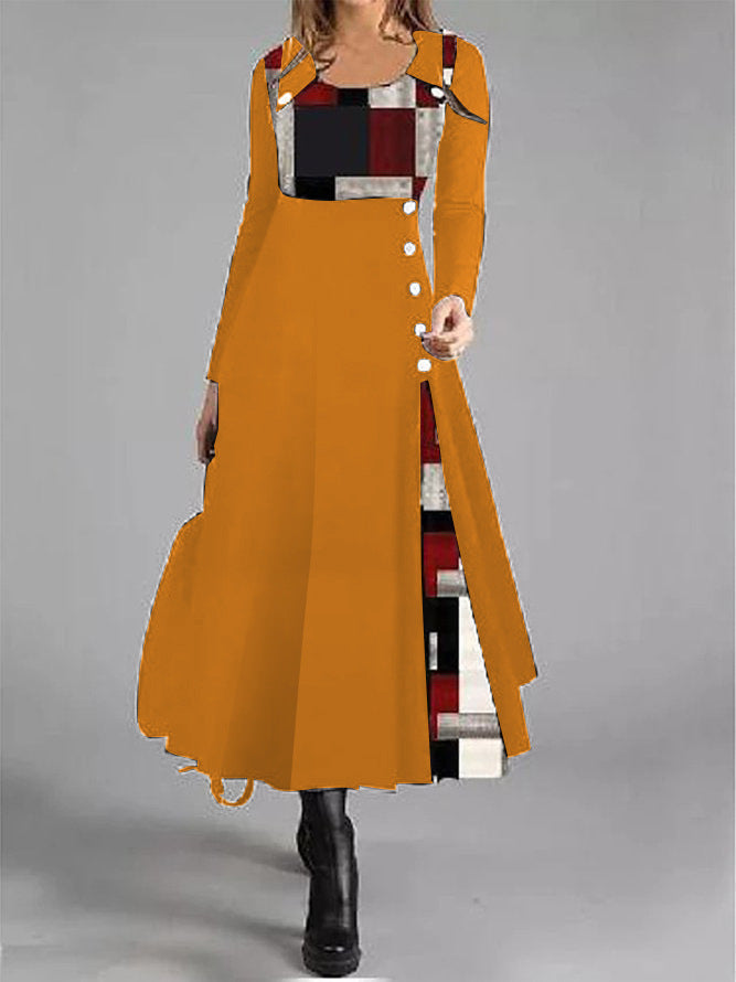 Elegantes Fudus Kleid mit Farbblock-Design, Knopfleiste und Rundhalsausschnitt