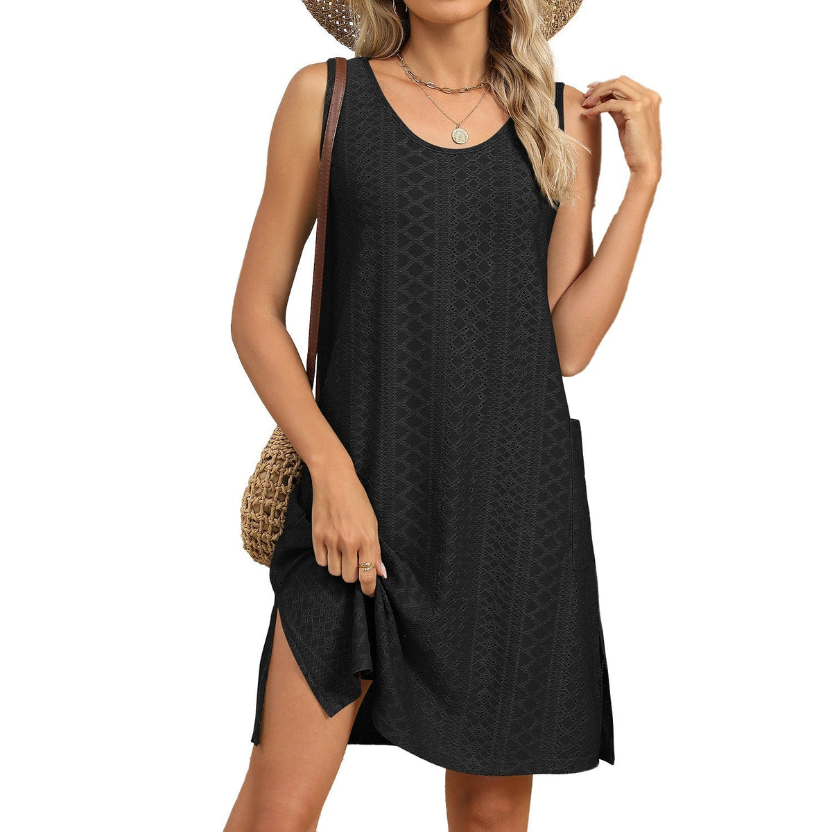 Fudus lässiges ärmelloses Rundhals-Pocketkleid