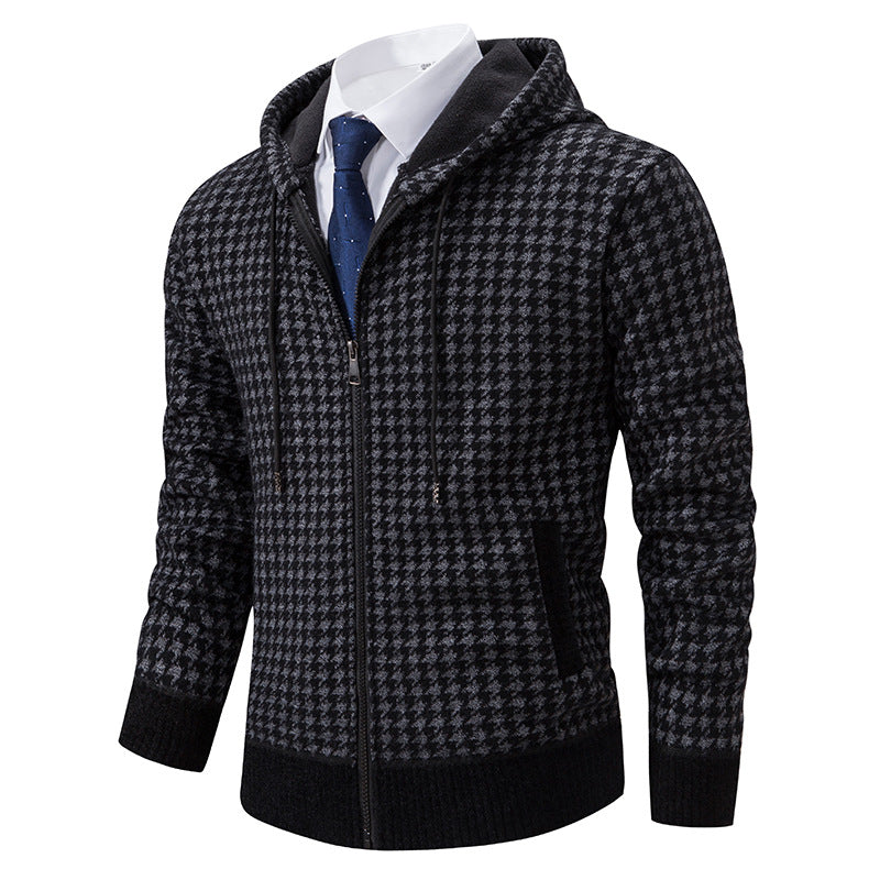 Herren gemütlicher Strickpullover mit modernem Karomuster und Kapuze Krohn-e
