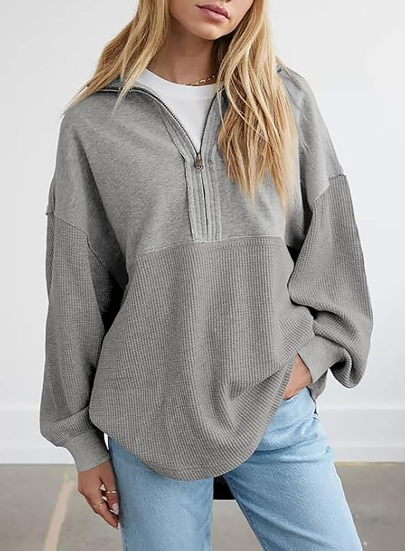 Damen lässiger Kapuzenpullover mit halblangem Reißverschluss und strukturiertem Material Krohn-e