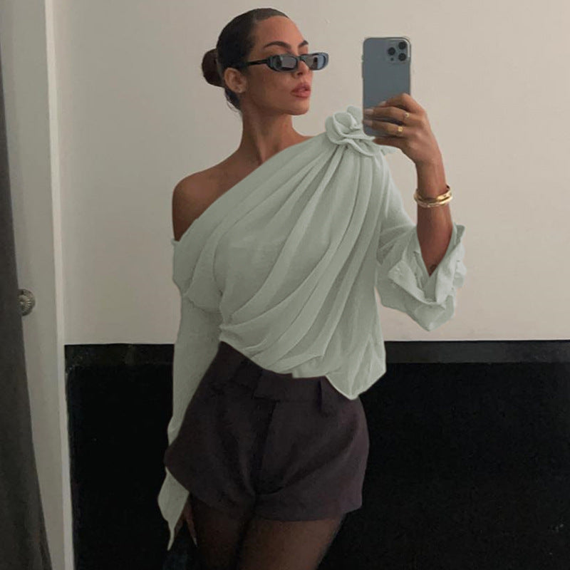 Asymmetrisches Top von Fudus, halbtransparent, einseitig geschulterter Schnitt