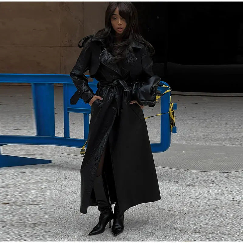 Damen Oversized Kunstleder-Trenchcoat mit hohem Kragen und abnehmbaren Gürtel Krohn-e