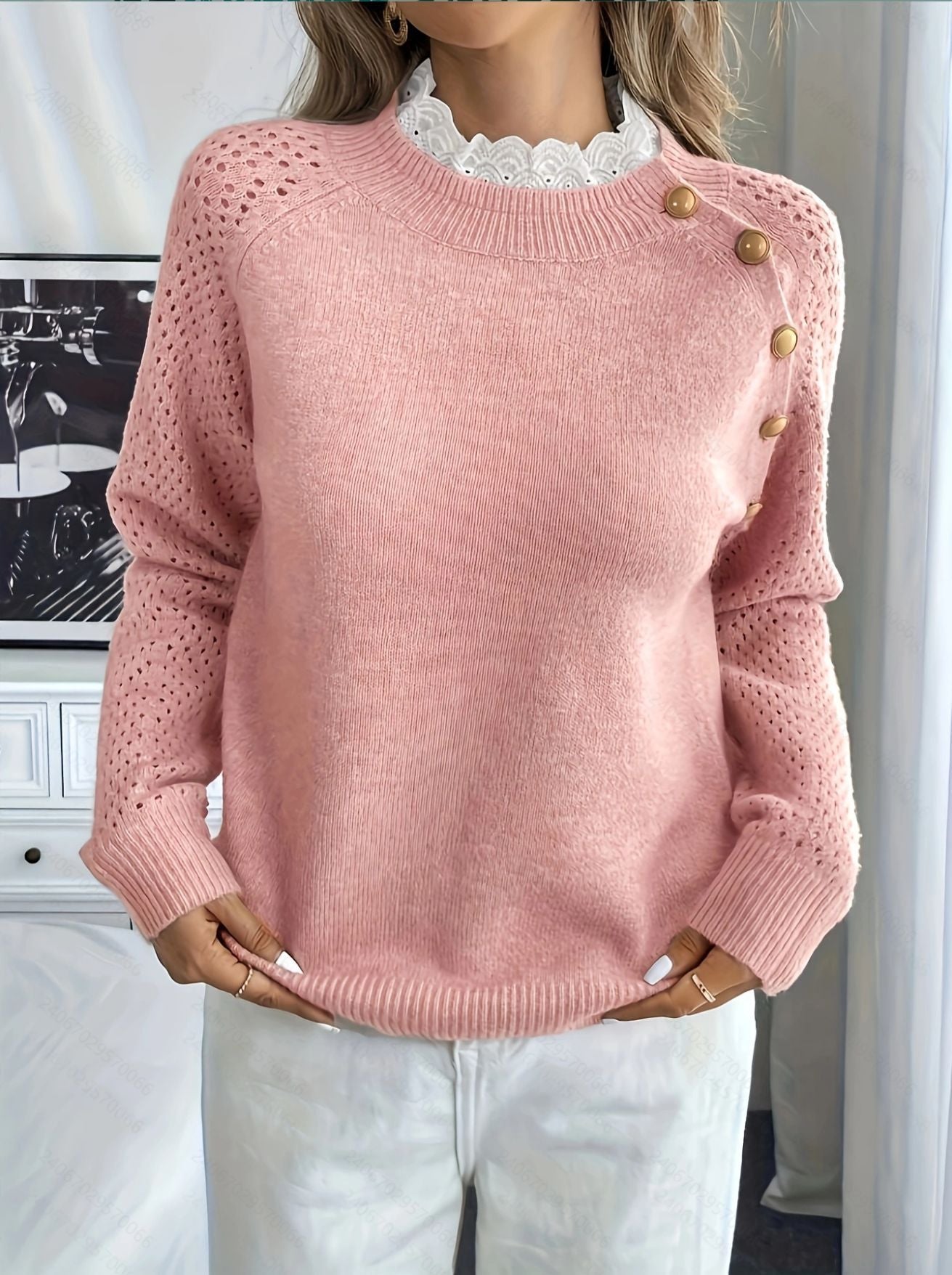 Damen Strickpullover mit dekorativen Knopfdetails und Lochmuster Krohn-e