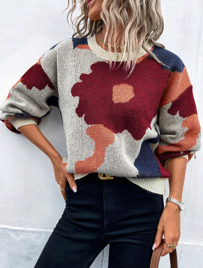 Krohn-e | Pullover Pullover Strickstoff Lockere Passform Rundhals Ballonärmel Gemustert