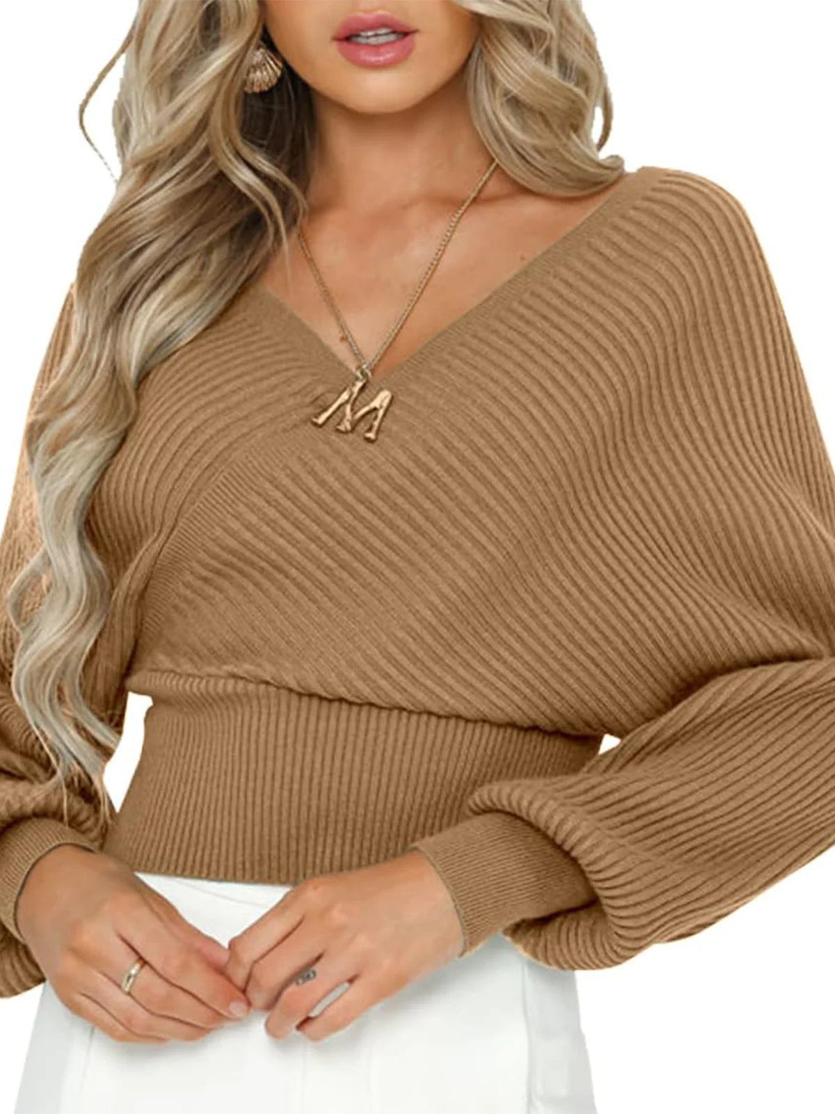 Damen lässiger V-Ausschnitt Pulli mit breiten Ärmeln und Rippstruktur Krohn-e