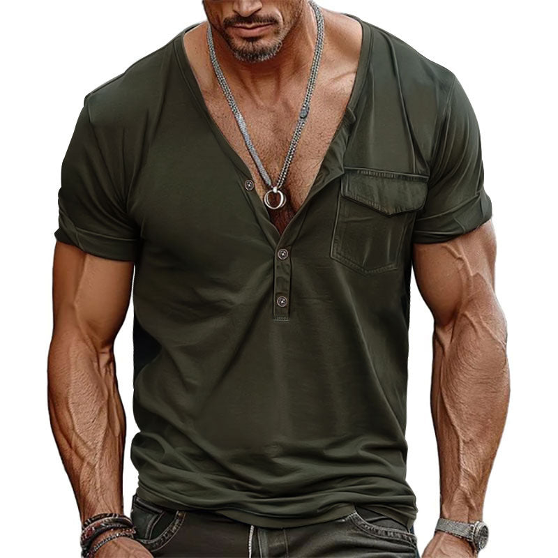 Herren Kurzarm-Henley-T-Shirt mit dekorativer Brusttasche und modernem Schnitt Krohn-e