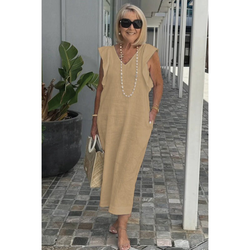 Elegant Fudus Cotton-Linen Dress with Flutter Sleeves and Back Tie