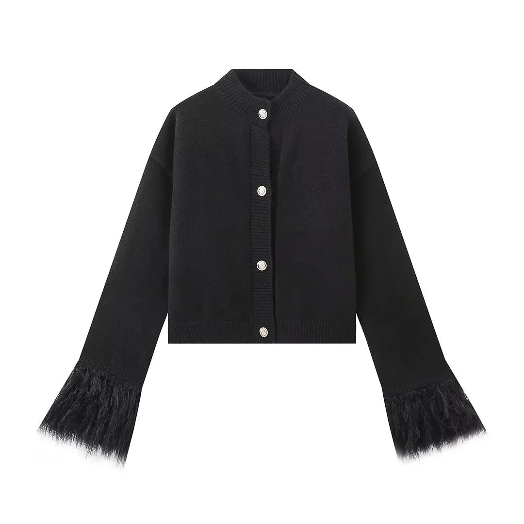 Damen lässige Strickjacke mit dekorativen Fransen und hochwertigen Knöpfen Krohn-e
