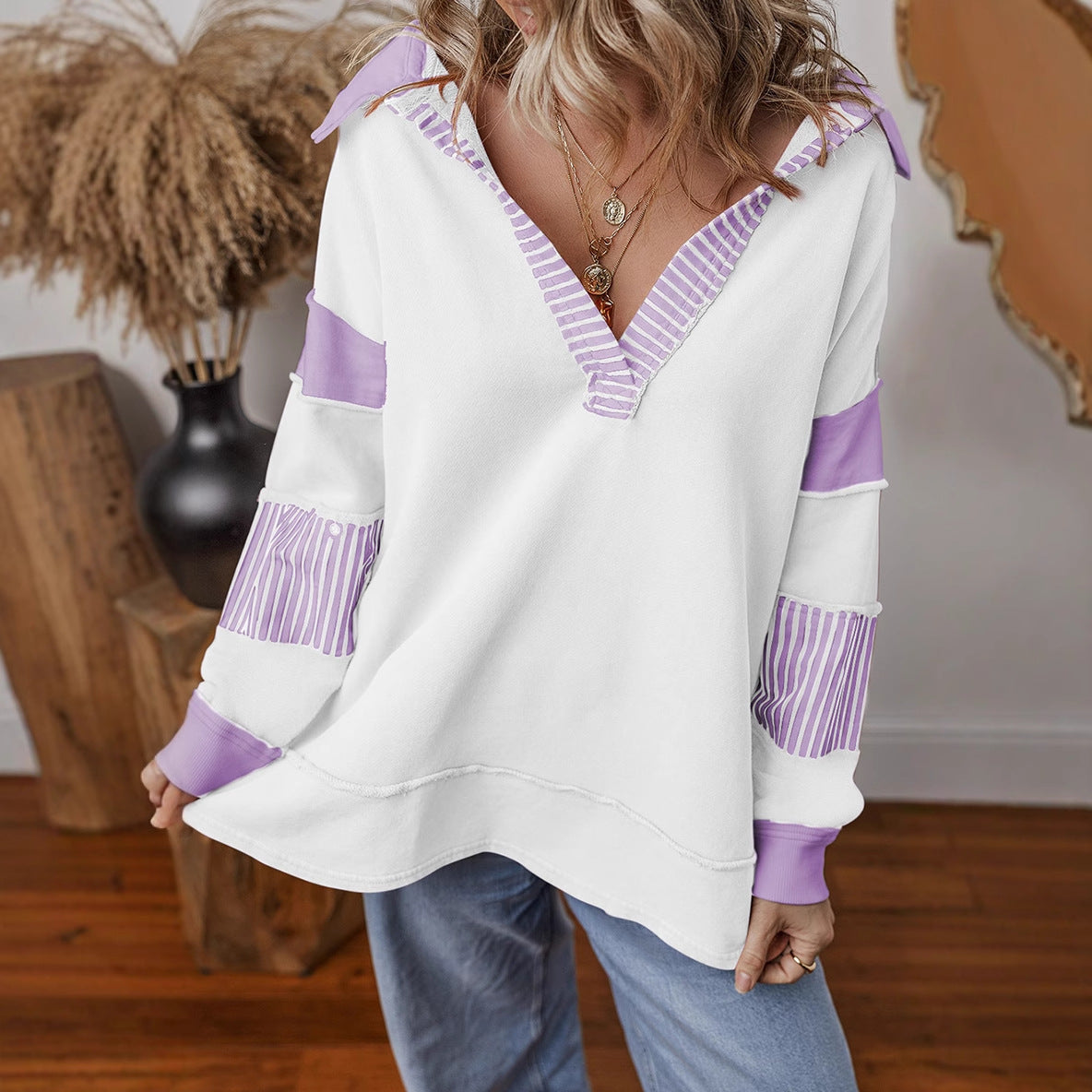 Damen lässiger Pullover mit Hemdkragen und gestreiften Ärmeln Krohn-e