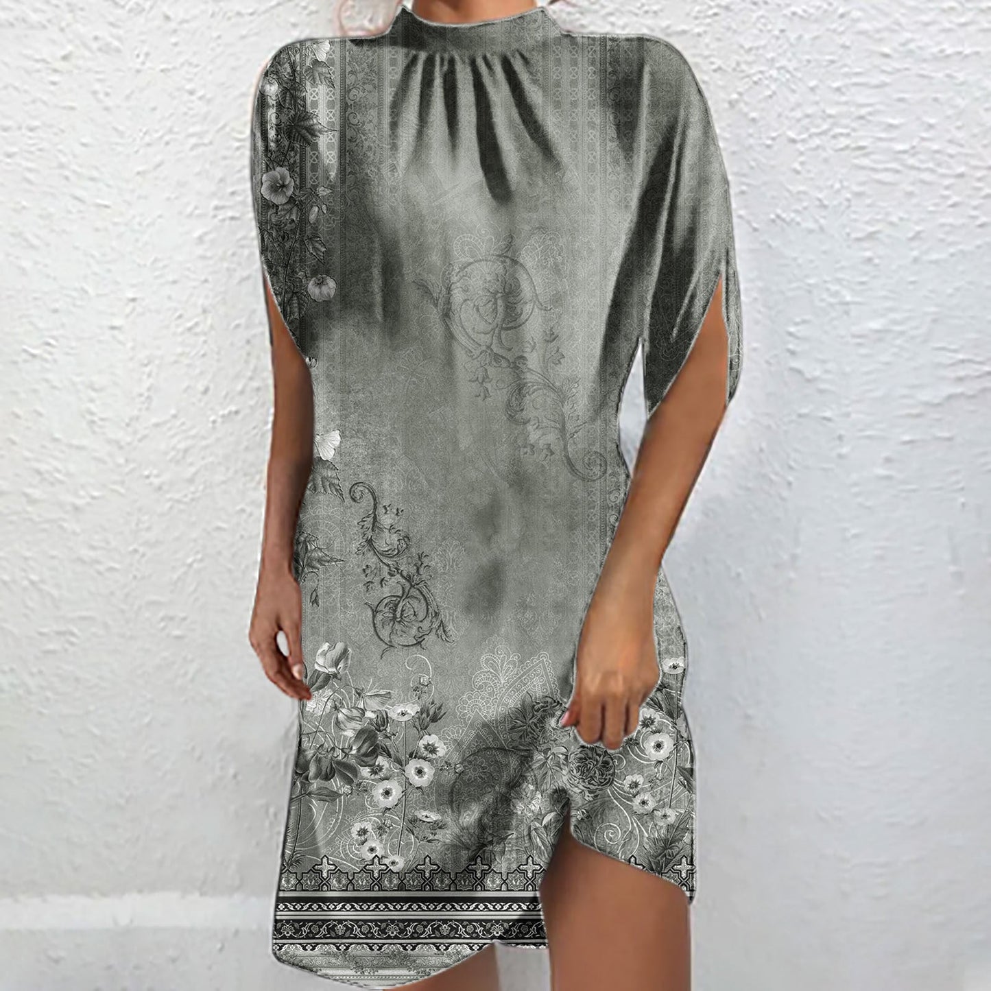 Schicke bedruckte Kurzarm-Batwing-Bluse mit Stehkragen von Fudus