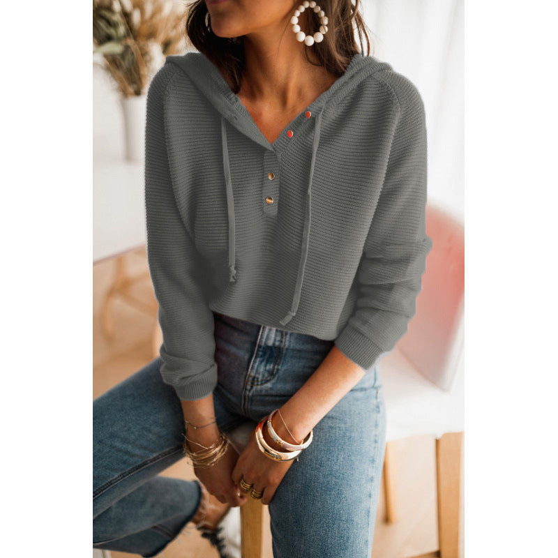 Damen lässiger Kapuzenpullover mit Knopfleiste und hohem Kragen Krohn-e