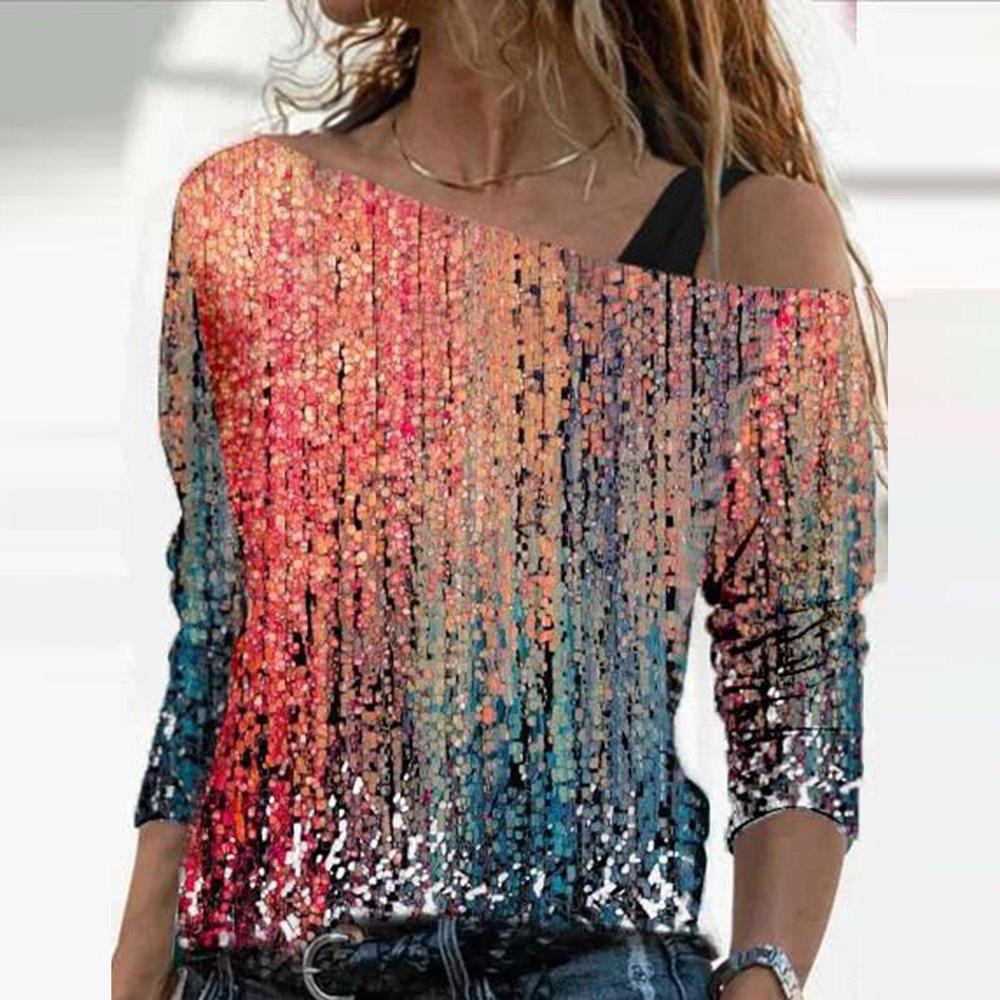 Modisches Off-Shoulder T-Shirt mit 3/4 Ärmeln im Marmor-Look von Fudus