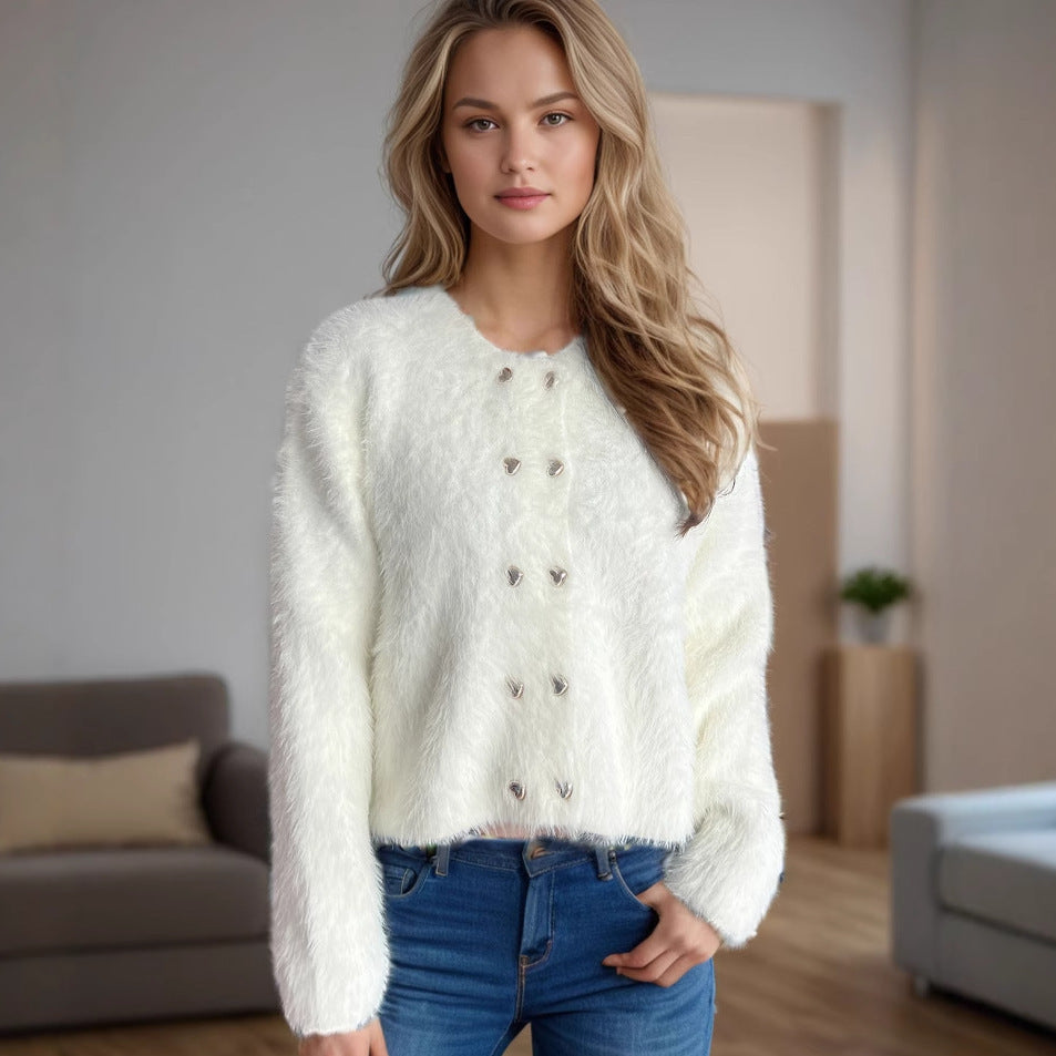 Damen flauschige Strickjacke mit herzförmigen Knöpfen und lockerer Passform Krohn-e