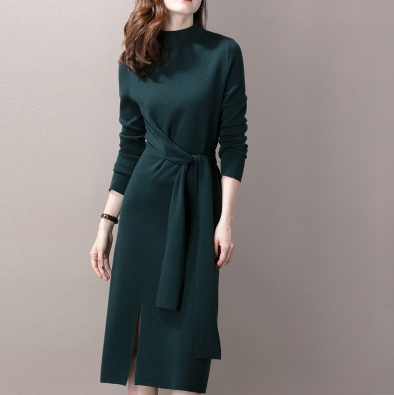 Damen Elegantes Strickkleid mit seitlichem Schlitz und tailliertem Gürtel Krohn-e