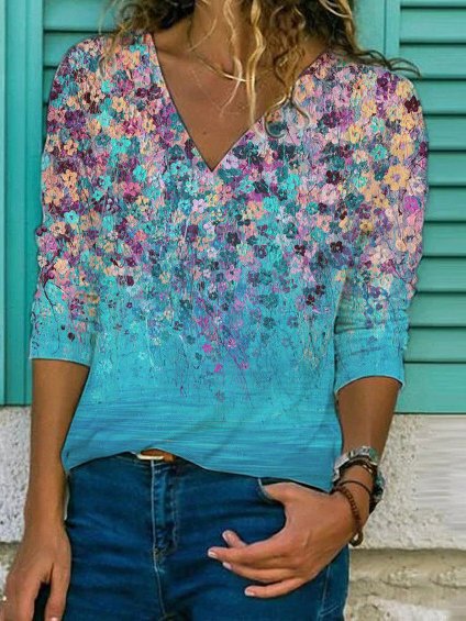 Fudus lässiges Langarm-T-Shirt mit V-Ausschnitt und Print