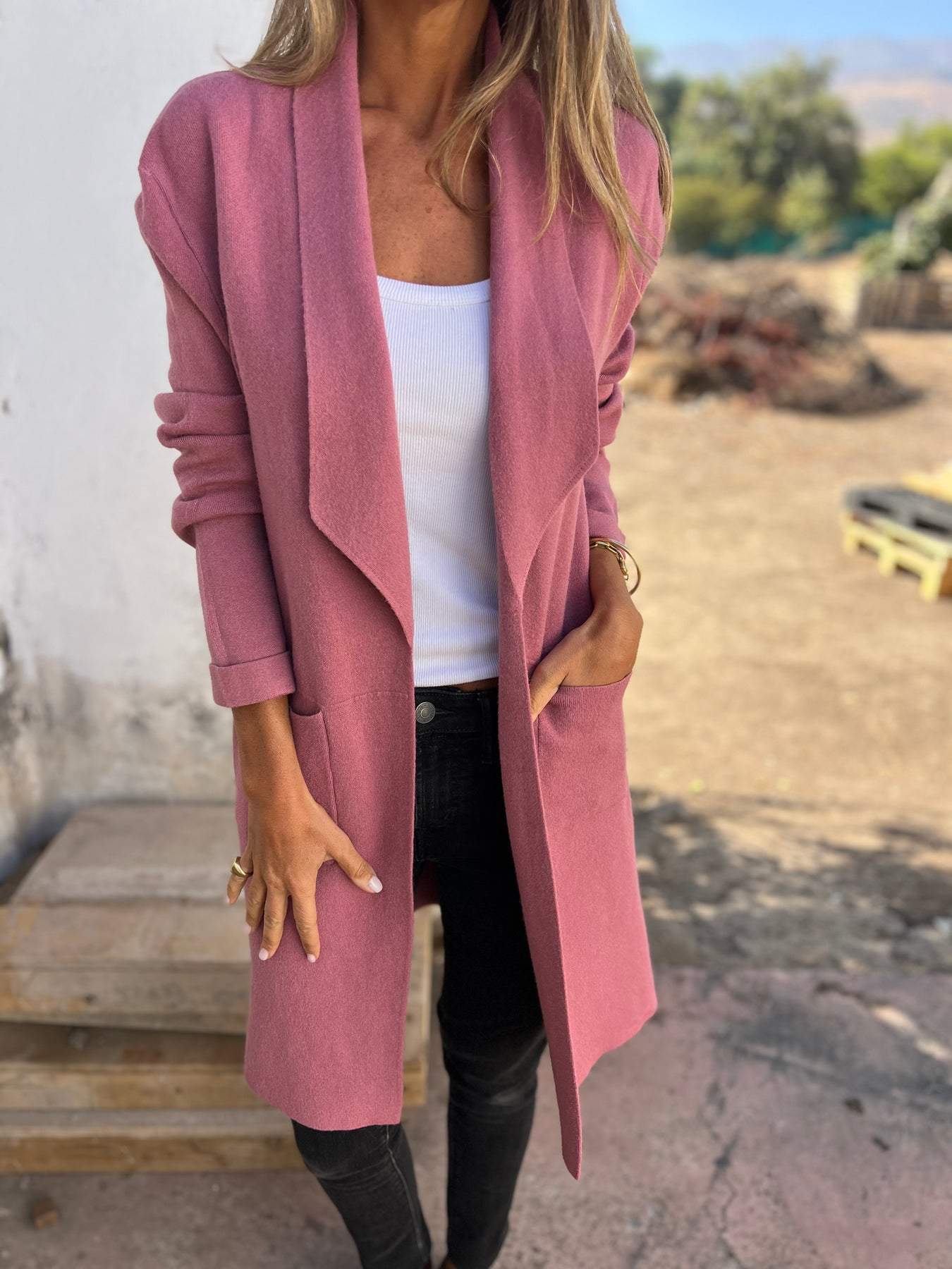 Krohn-e | Einfarbiger Langer Taschen Wollstrickjacke