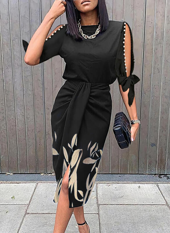 Damen Midikleid mit elegantem Bindegürtel und modischen Cut-Out-Ärmeln Krohn-e