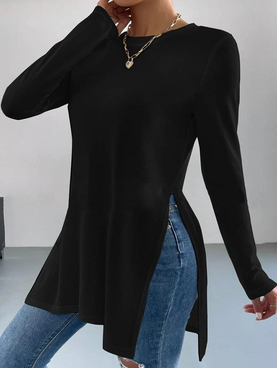 Damen asymmetrisches Longsleeve-Oberteil mit seitlichen Schlitzen und lässigem Schnitt Krohn-e