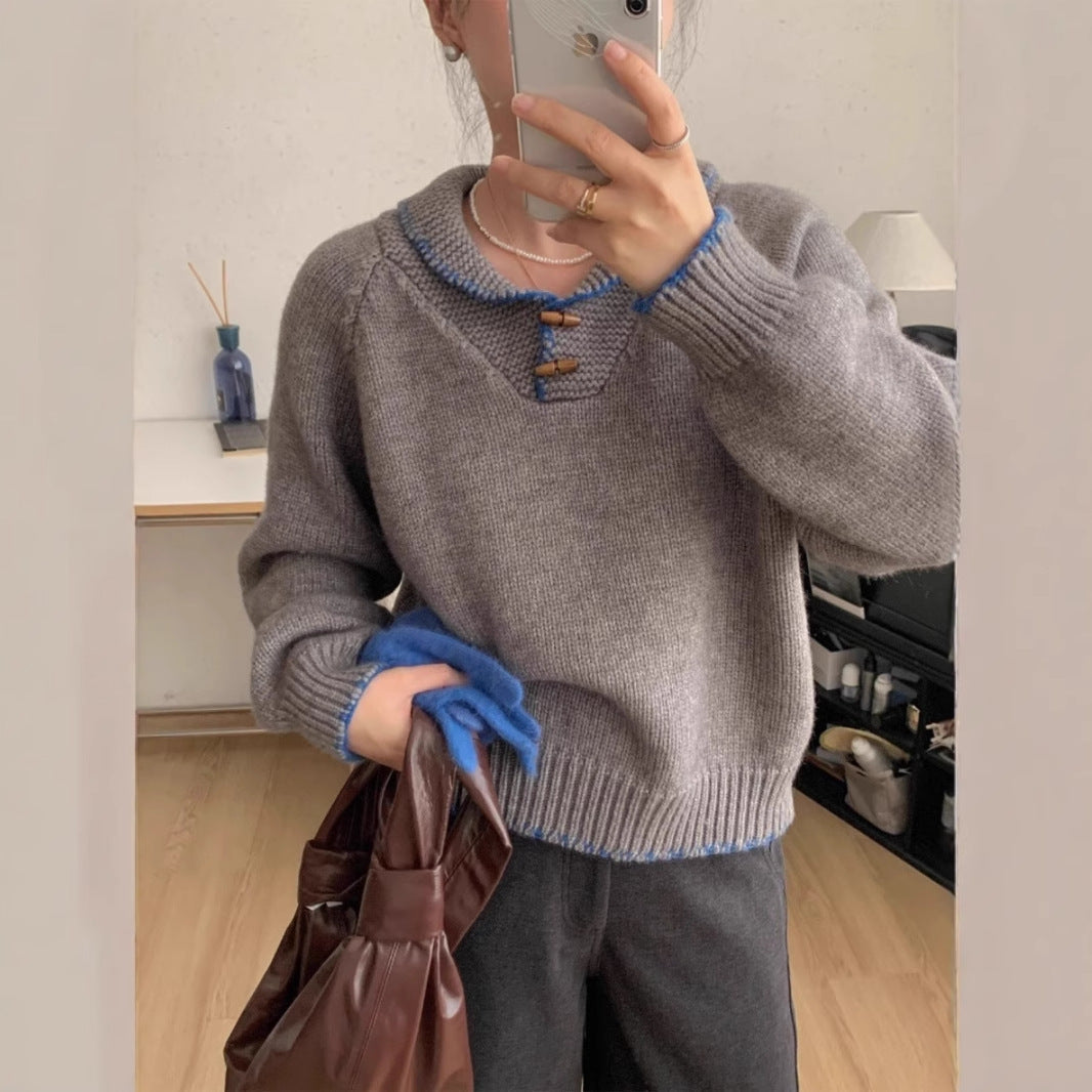 Damen lässiger Strickpullover mit einzigartigem Knopfdesign und Kontrastdetails Krohn-e