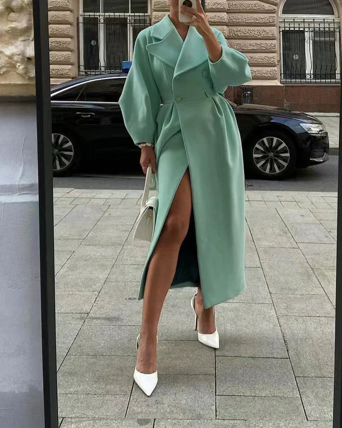 Krohn-e | Mantel - Zweireihiger Wollmix - Tailliert mit Weiten Ärmeln - Eleganter Kragen