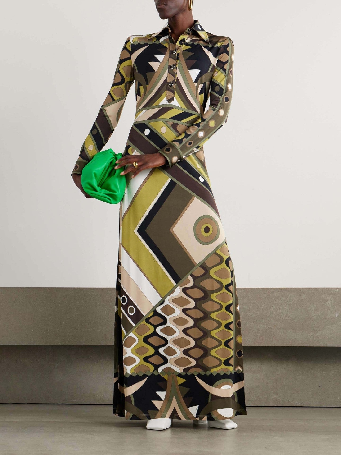 Damen Maxikleid mit geometrischem Muster und Knopfdetails Krohn-e