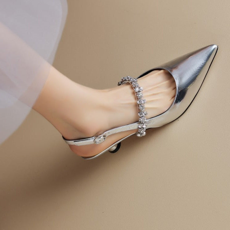 KROHN-E Damen Slingback-Pumps Kristall-Riemen Spitz