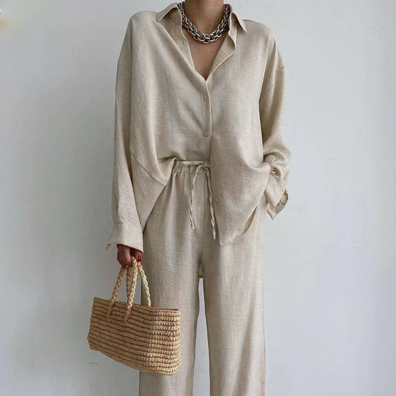 Damen lässiges Leinen Ensemble mit elegantem Hemd und weiter Hose Krohn-e